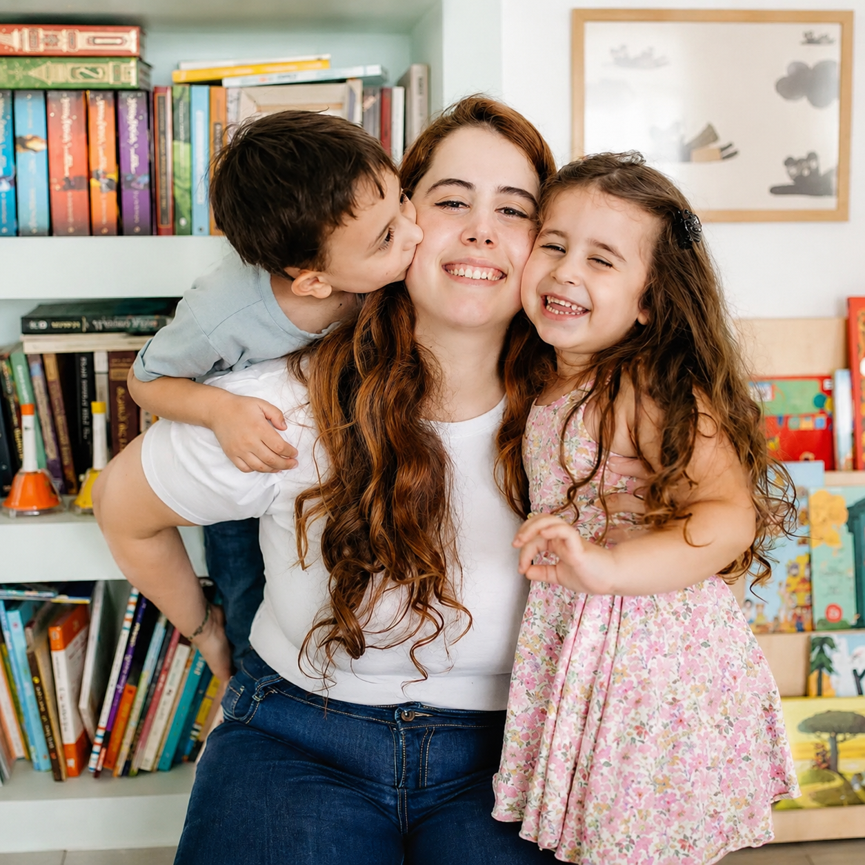 נטעלי מרקוס מחובקת עם שני ילדיה